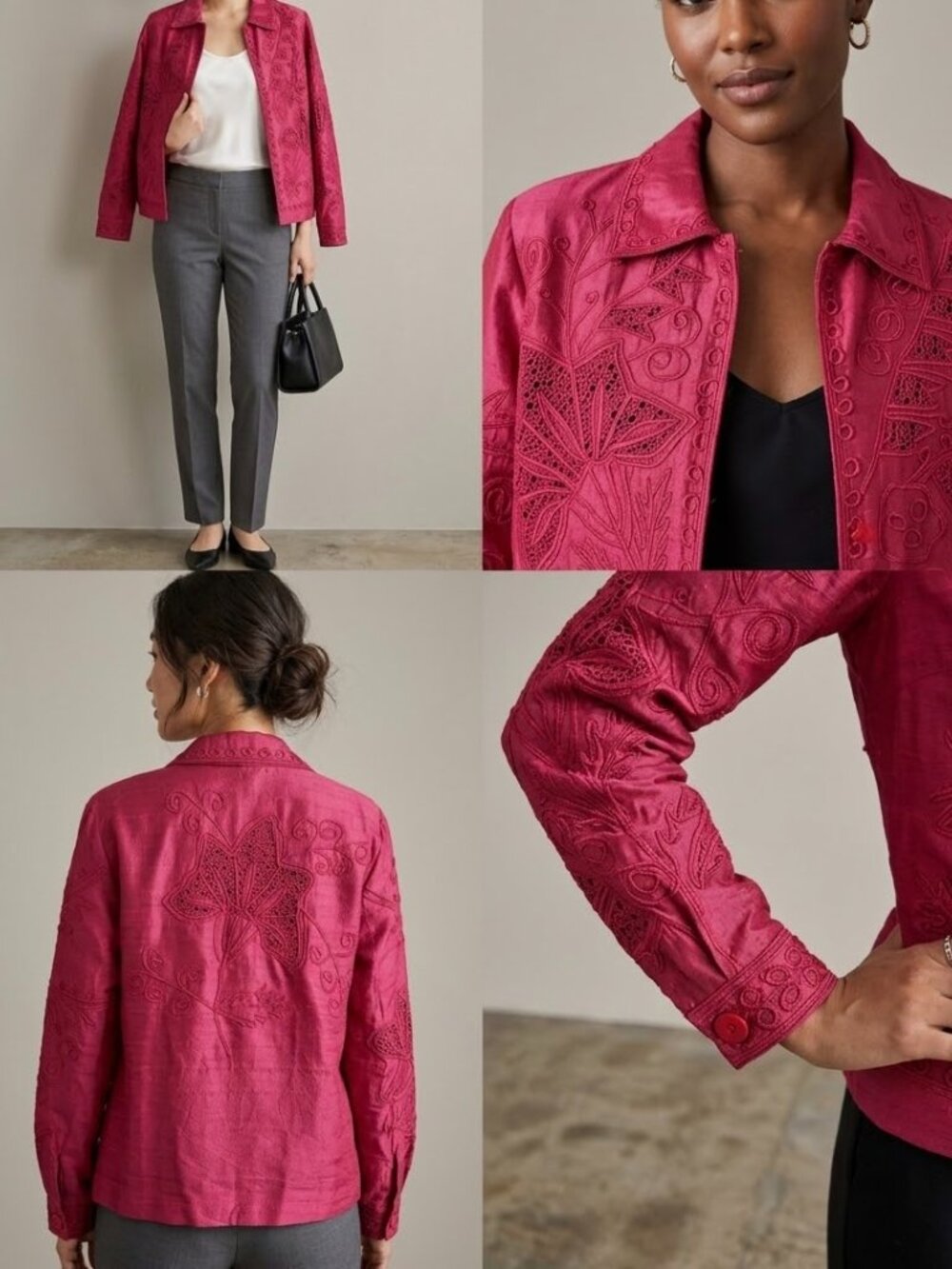 Coldwater Creek 100% Silk Pink Cutwork Lace Embroidered Jacket Medium Boho Luxe